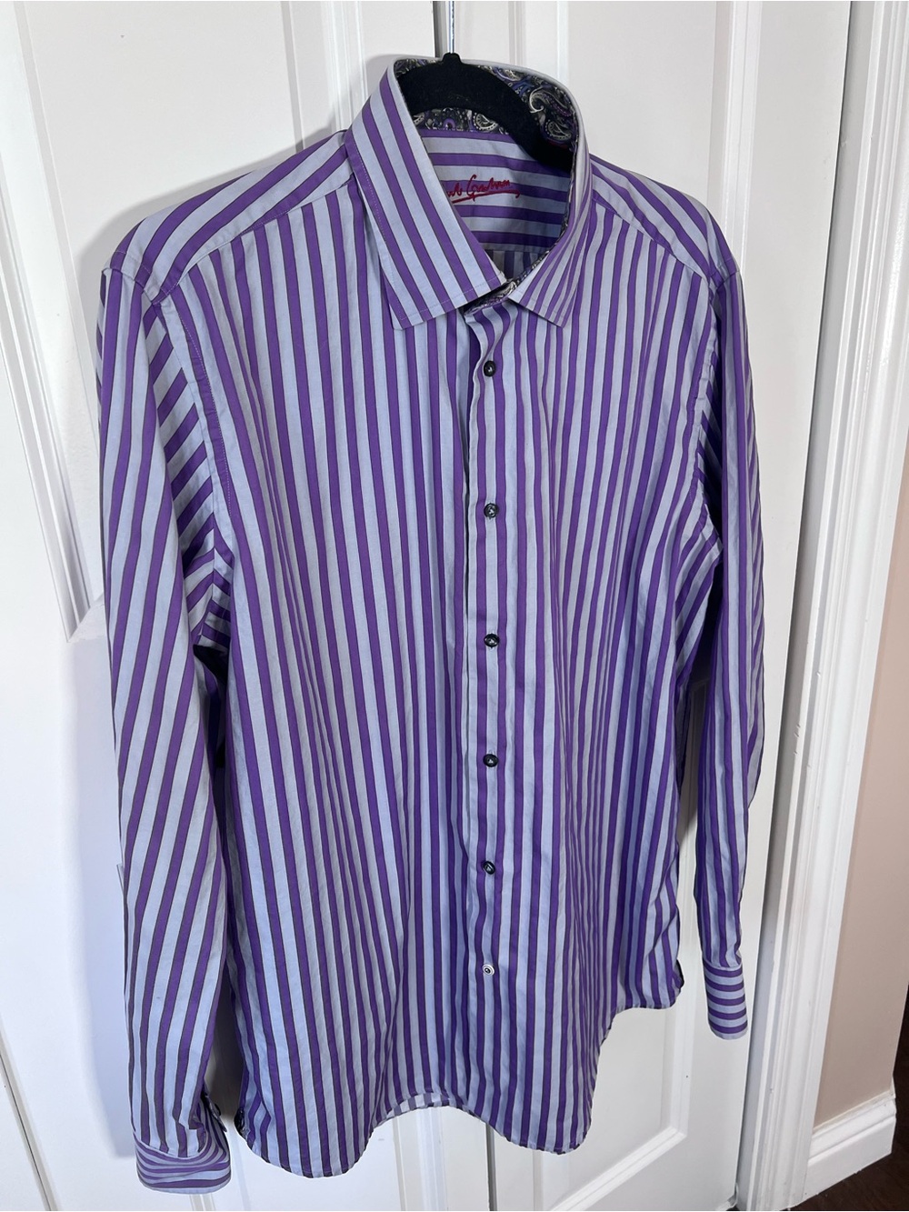 Robert Graham Purple and Grey Vertical Stripe Dress Shirt - Picture 7 of 8